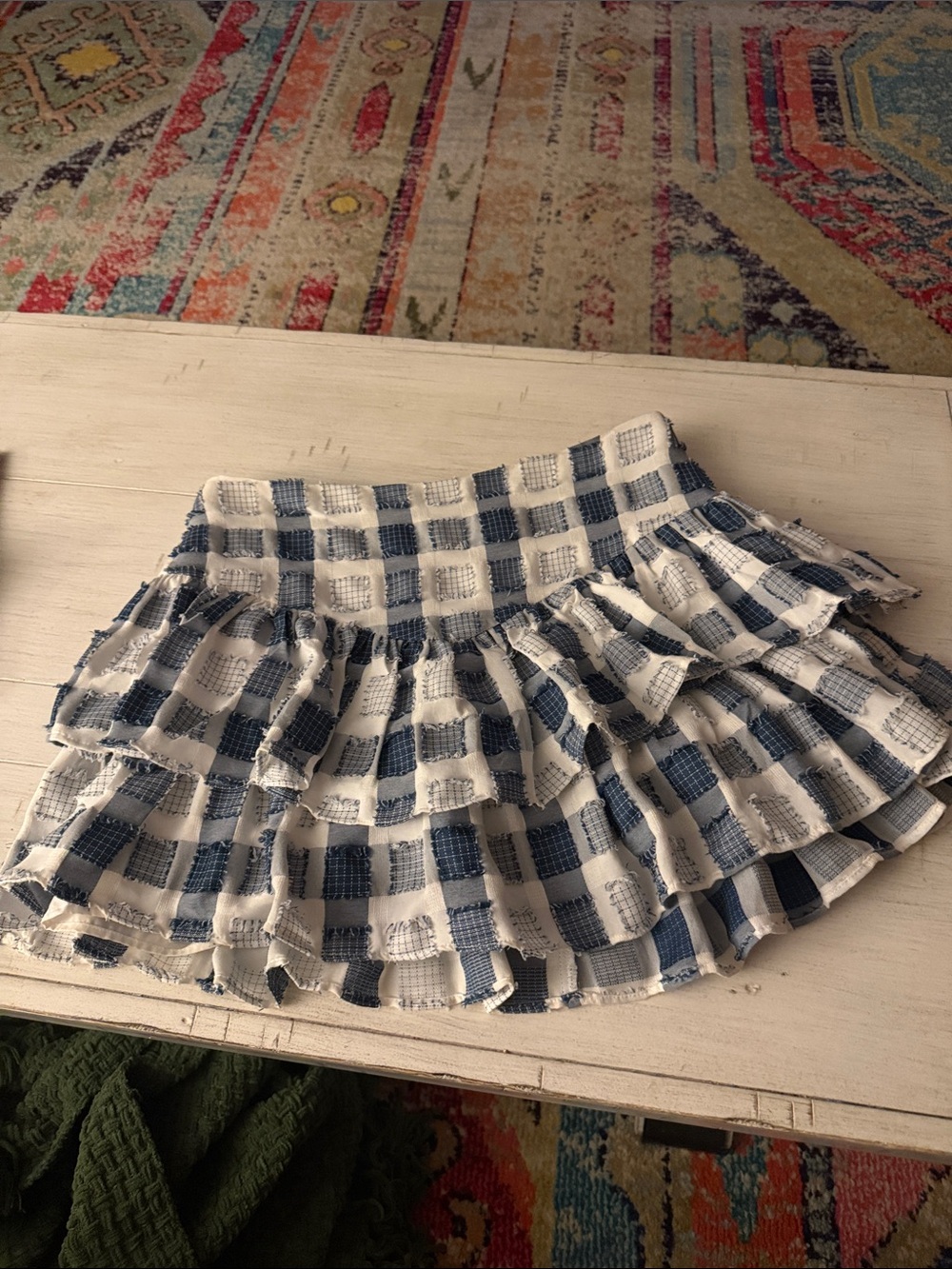Boutique Blue and White Gingham Ruffle Mini Skirt